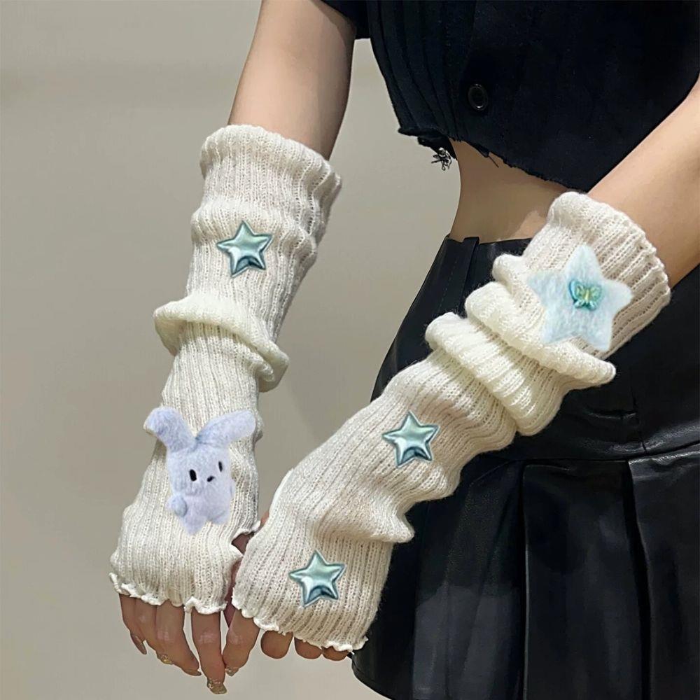 Women's Knitted Y2K Gloves Star Rabbit Arm Warmers Winter Long Sleeve Cover Wrist Mittens Cold Weather Fashion
