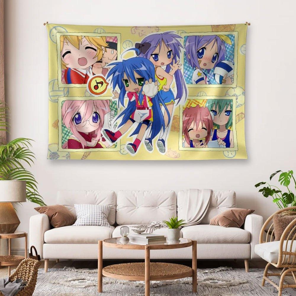 1pc Lucky Star Anime Tapestry Horizontal Manga Wall Hanging with Character Iconic Poses Polyester Decor for Room Bedspread