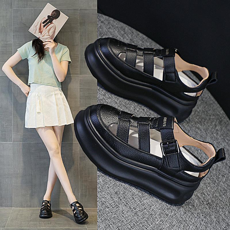Leather Bag Head Roman Sandals Summer New Thick-soled Muffin Hollow Hole Leisure Sports