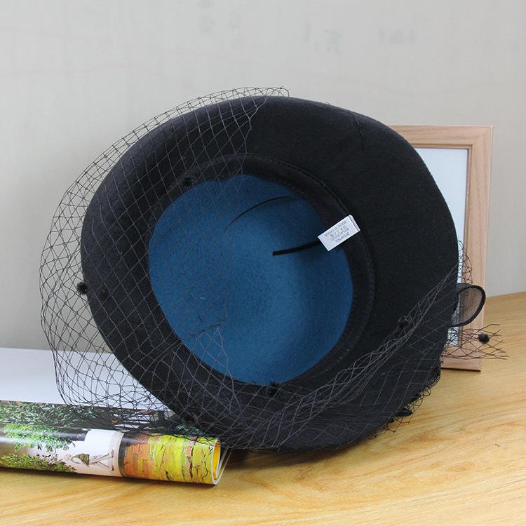 Wool Hat Women Autumn and Winter British Retro Basin Hat European and American Mesh Flower Hat