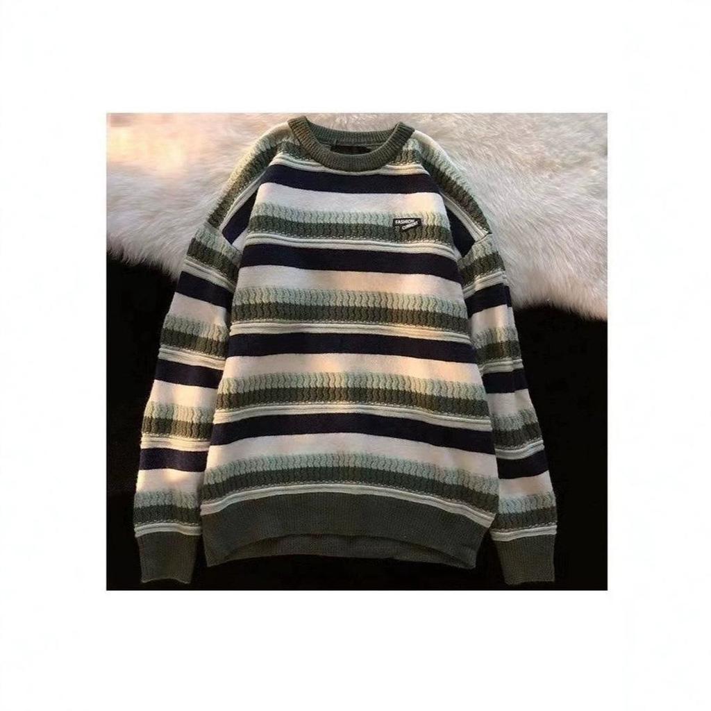 Unisex Striped Crew Neck Knitted Sweater - Autumn/Winter Trend, Hong Kong Style, Loose Fit, Versatile and Cozy.