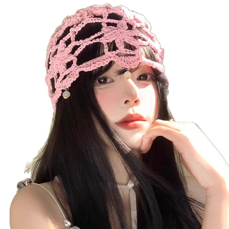 Women's Spring and Summer New Hand Woven Hollowed Head Hat Breathable Hook Flower Pearl Pendant Small Pull Head Hat