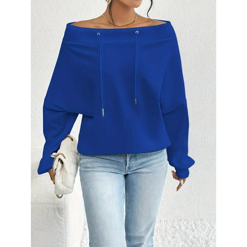 DAFIFY Women's Fashion Casual Spring Autumn Solid Color Print Long Sleeve One Shoulder Blouses & Shirts