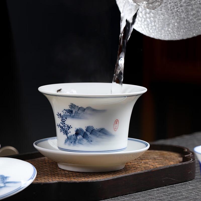 MULTIPOTENT Hand-Painted Landscape Thin Porcelain Sancai Lid Bowl