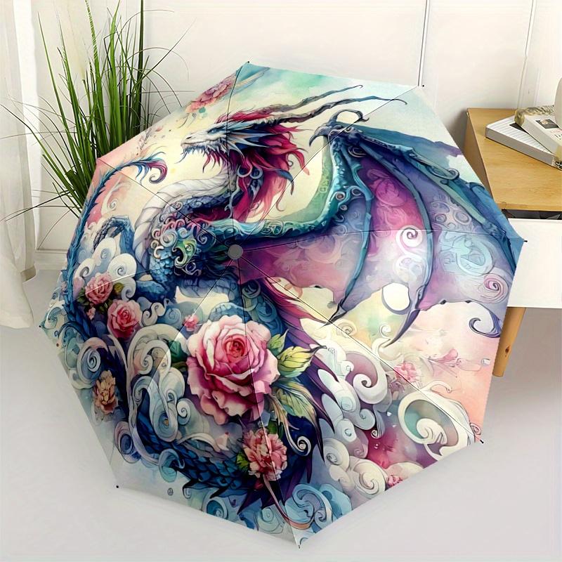 1pc Fantasy Dragon Floral Folding Umbrella: Auto-Open Close, Portable 3-Fold Design, 8-Bone Iron Frame, Outdoor, Perfect Festival Gift for Fans,
