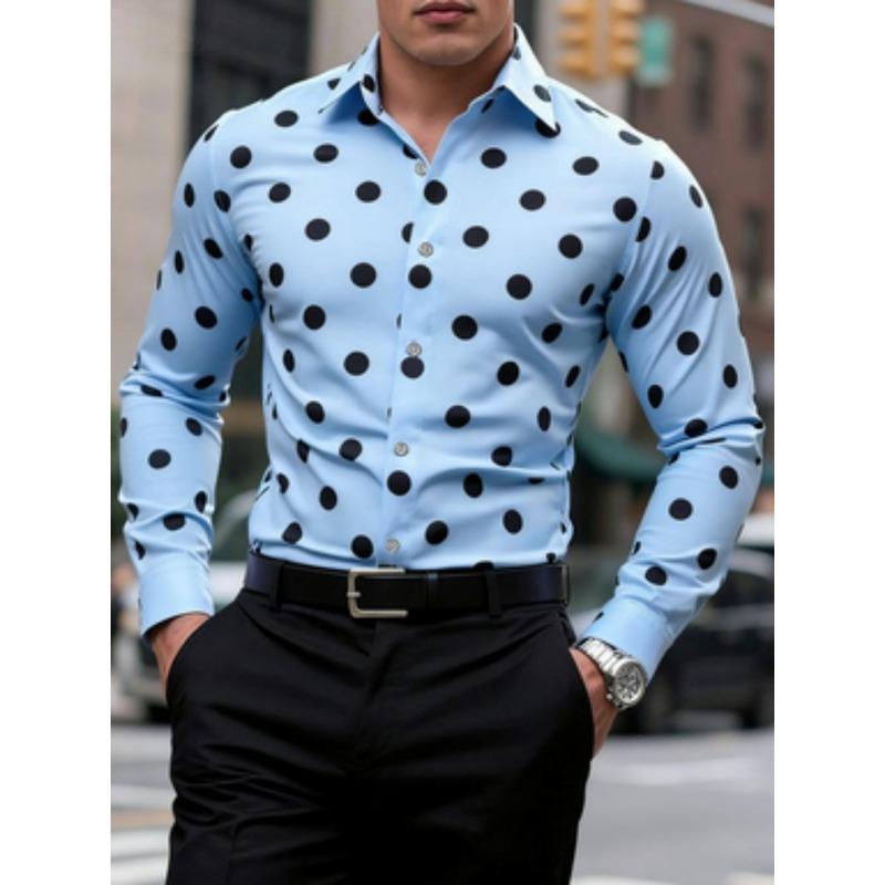 Men's Polka Dot Shirt Casual, Breathable, Comfortable, Fashionable and Trendy Men's Long Sleeved Shirt, Lapel Shirt