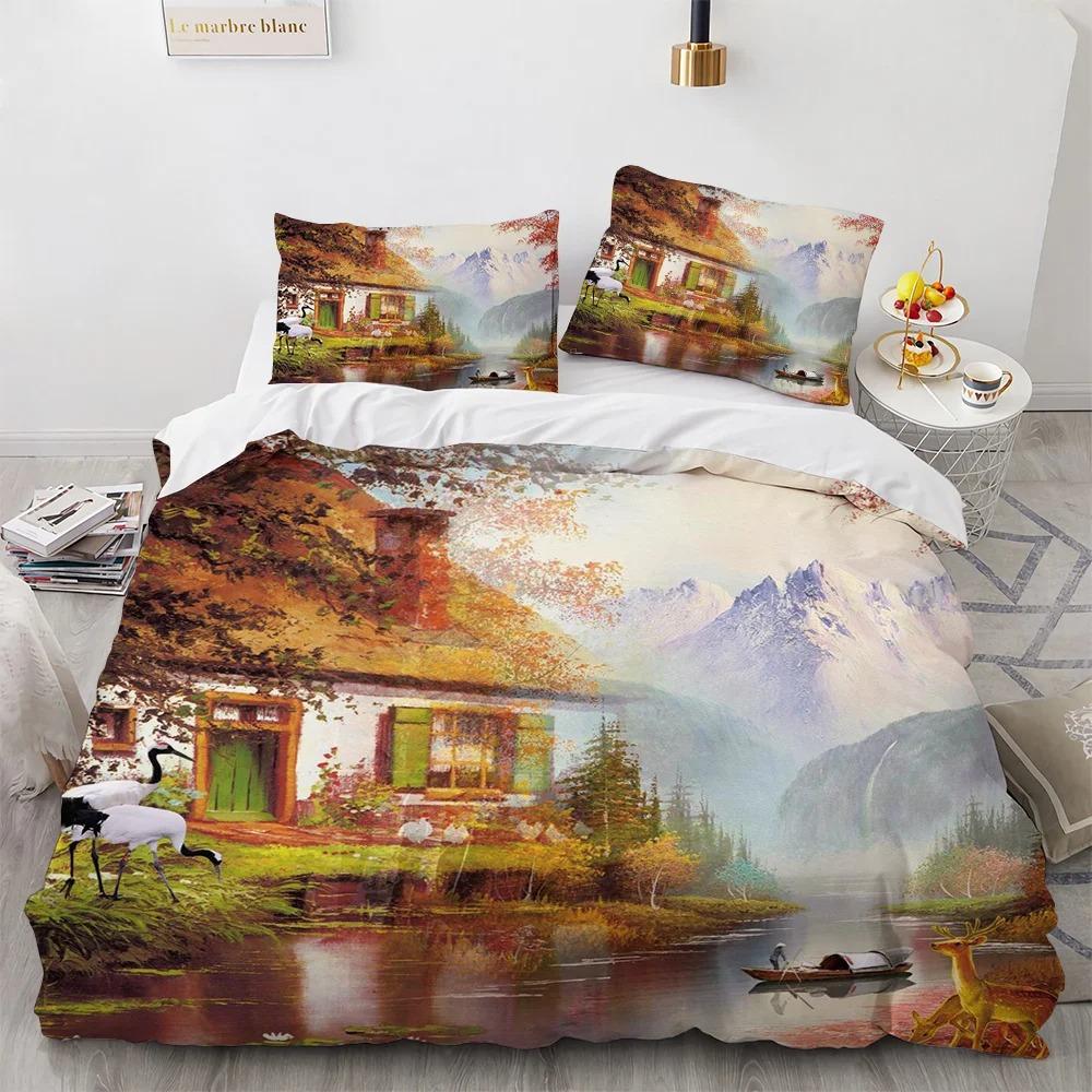Krásný malovaný povlak na přikrývku a polštáře velikosti King Queen polyesterová ložní souprava pro děti chlapce dívky povlak na přikrývku vzor Dům Strom