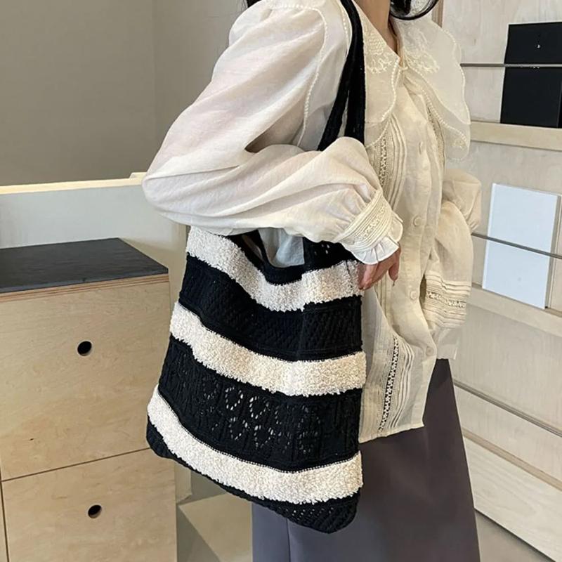 Yogodlns Модная винтажная полосатая вязаная сумка-тоут с цветными блоками — фото 6