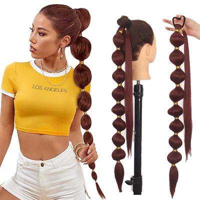 Synthetische Blasen-Pferdeschwanzverlängerung mit elastischem Bindeband, lange Wickel-Pferdeschwanz-Laternenverlängerung, 75 cm, dunkelroter Pferdeschwanz für Frauen, Cosplay