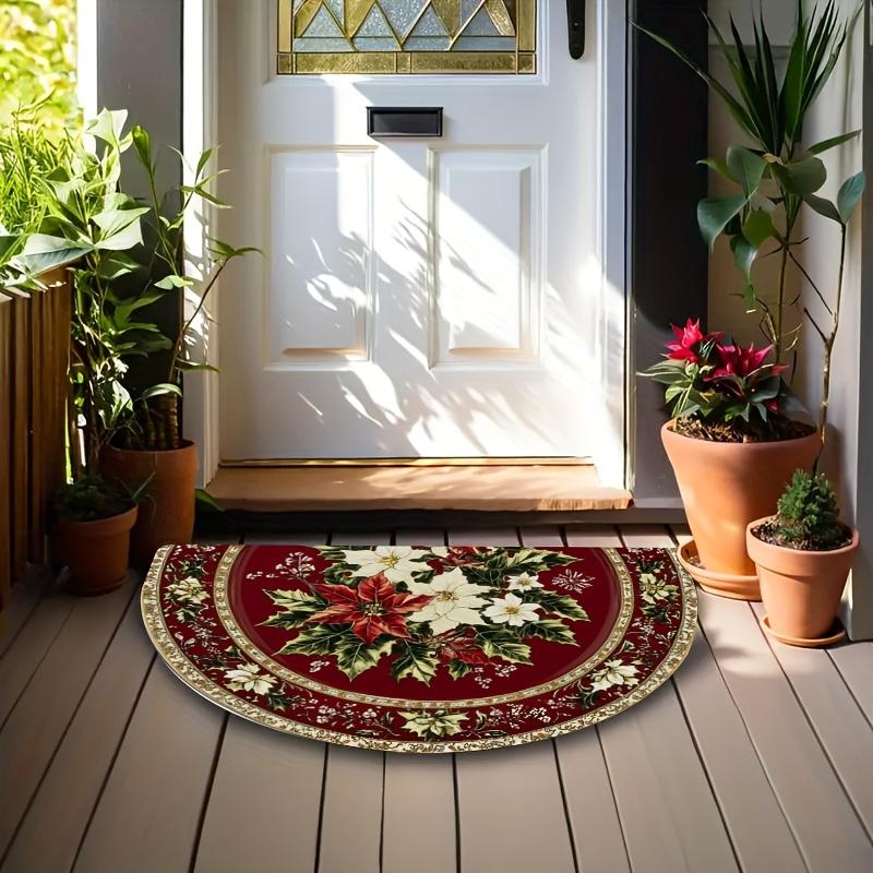 1Pcs Poinsettia Holly Semi Circle Welcome Doormat Non-Slip for Outdoor Patio Porch Kitchen Bathroom Entryway Floor Mat