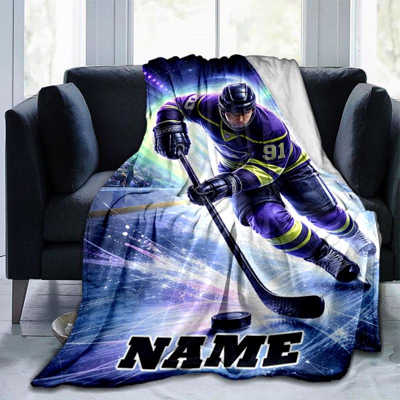 1PC Custom Name Ice Hockey Player Action outdooor Flannel blankets Throw Blanket All-Season Throw Gift Bedspread for Couch, Bed, Camping Holiday Birth