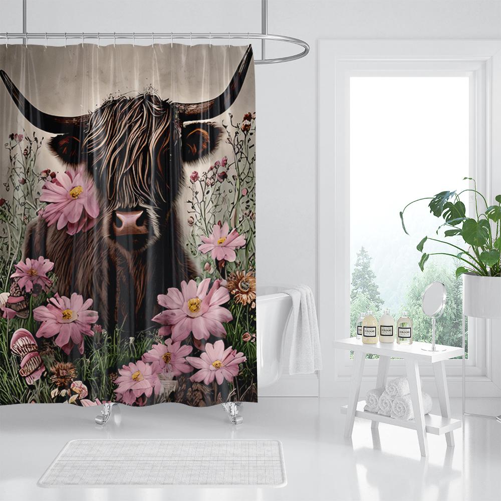 Funny Highland Cow Shower Curtain Farm Animal Sunflower Watercolour Flowers Farmhouse Polyester Fabric Bathroom Decor with Hooks