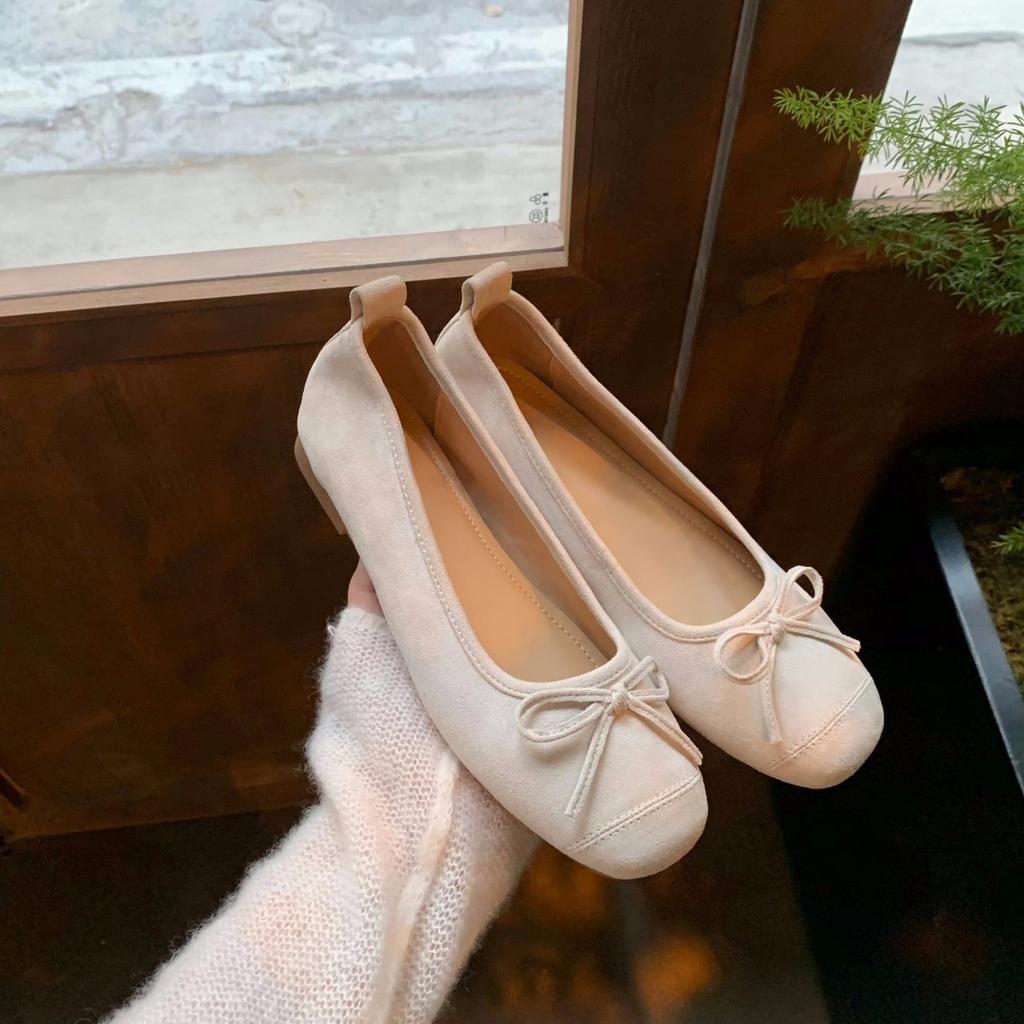 Cowhide Version~ French Bow Leather Ballet Shoes Women's Small Heel Single Shoes Mary Jane Ballet Flat Shoes Low Heel