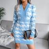 Houndstooth Knitted Dress Women Long Sleeve V Neck Autumn Winter High Waist Sizes S To L