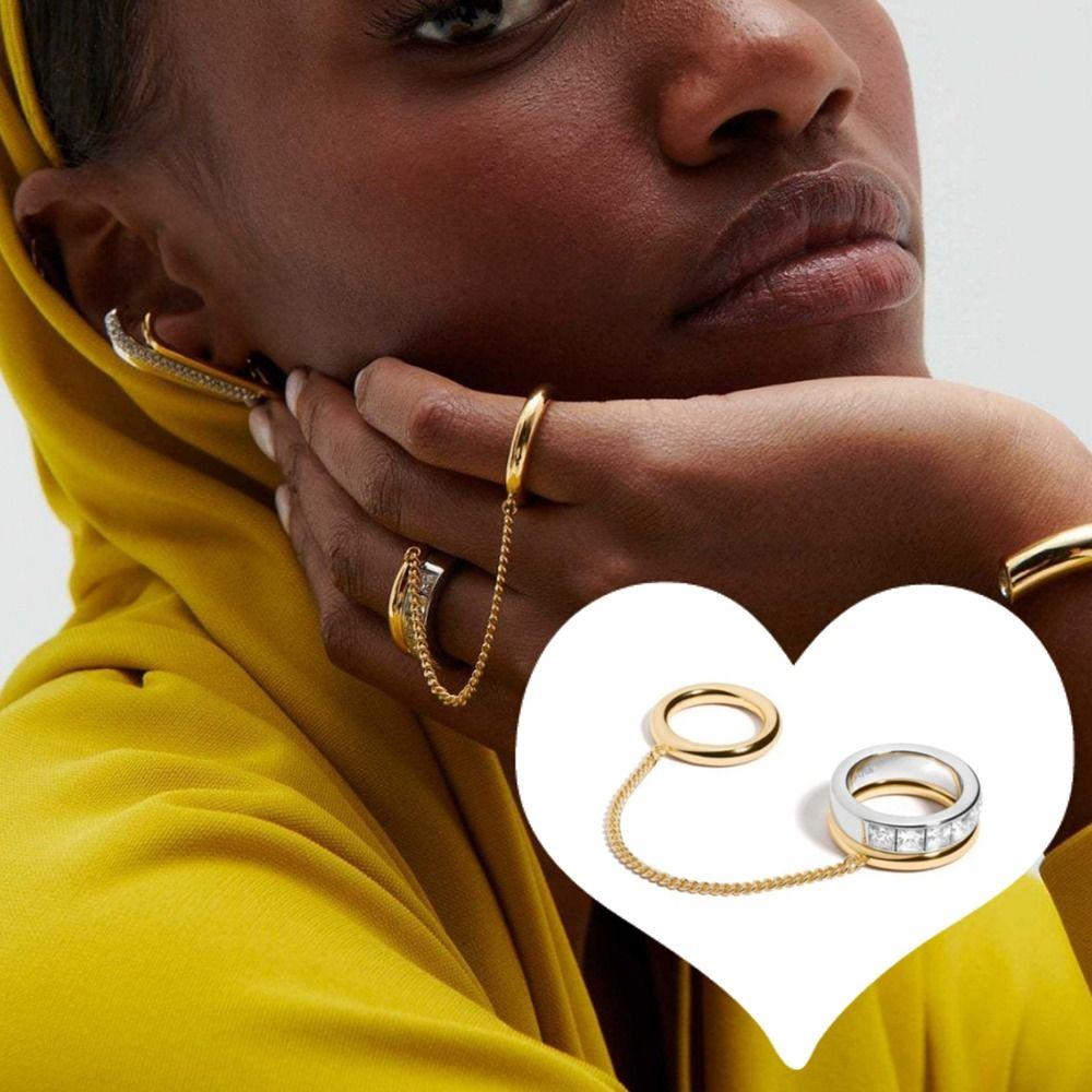 Trendy Punk Chain Ring 18K Gold Silver Elegant Tassel Metal Rings Zircon Stackable Finger Ring for Women