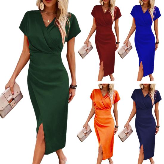 Women's Bodycon Midi Dress Short Sleeve V Neck Ruched Cocktail Party Dress Formal Slit Office Work Business Outfit