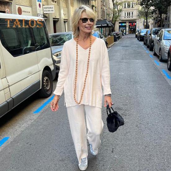 

Женский комплект из 2 предметов: топ и брюки, V-образный вырез, длинный рукав, однотонный топ, эластичные широкие брюки с высокой талией, спортивный костюм для фитнеса, свободный повседневный наряд L белый