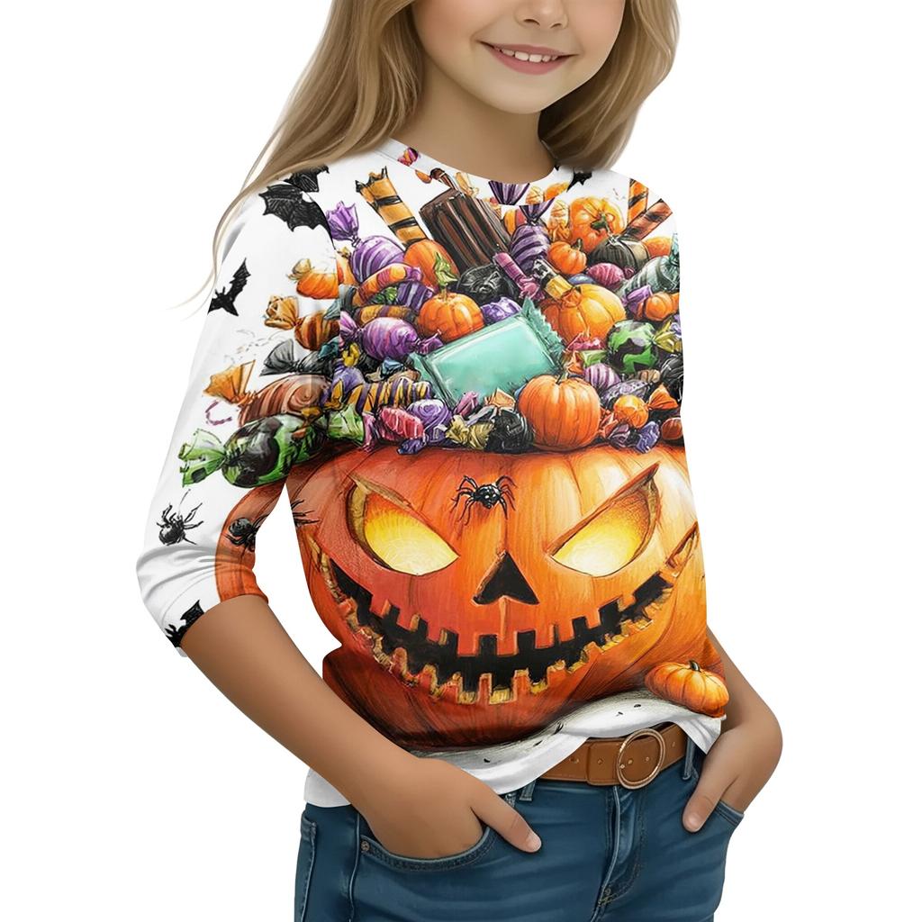 Kids Halloween Printed T-Shirt with Pumpkin Witch Design, 7/8 Sleeve Round Neck Top for Daily Wear