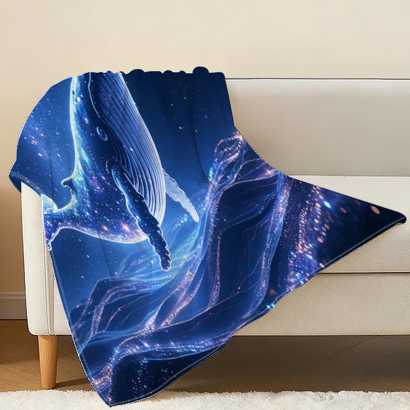 Hemmed Flannel Blanket Whale Theme, Dreamy Starry Design Soft Warm Throw for Sofa, Home, Halloween & Christmas Gift
