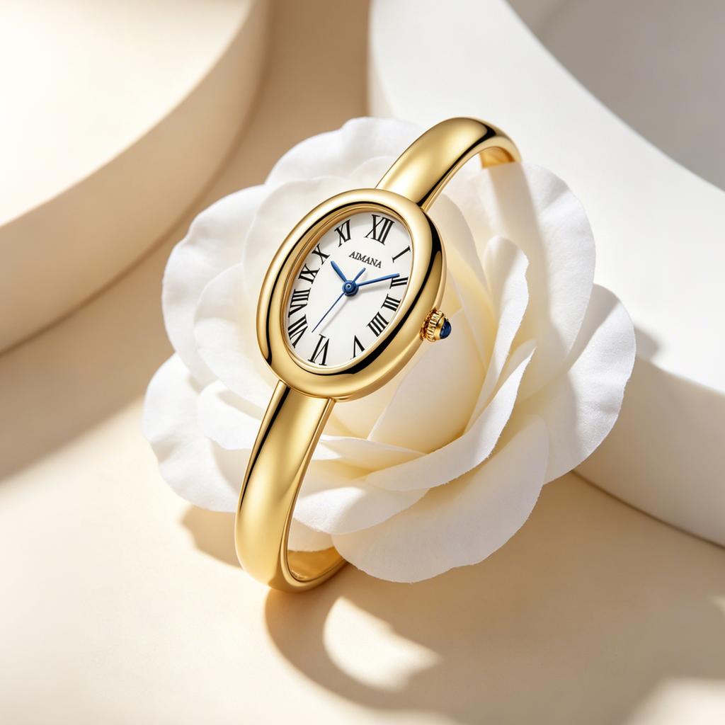 AIMANA Elegant Ladies Gold Bangle Watch Luxury Oval Roman Numeral Quartz Stainless Steel Strap Classic Dress Gift for Women