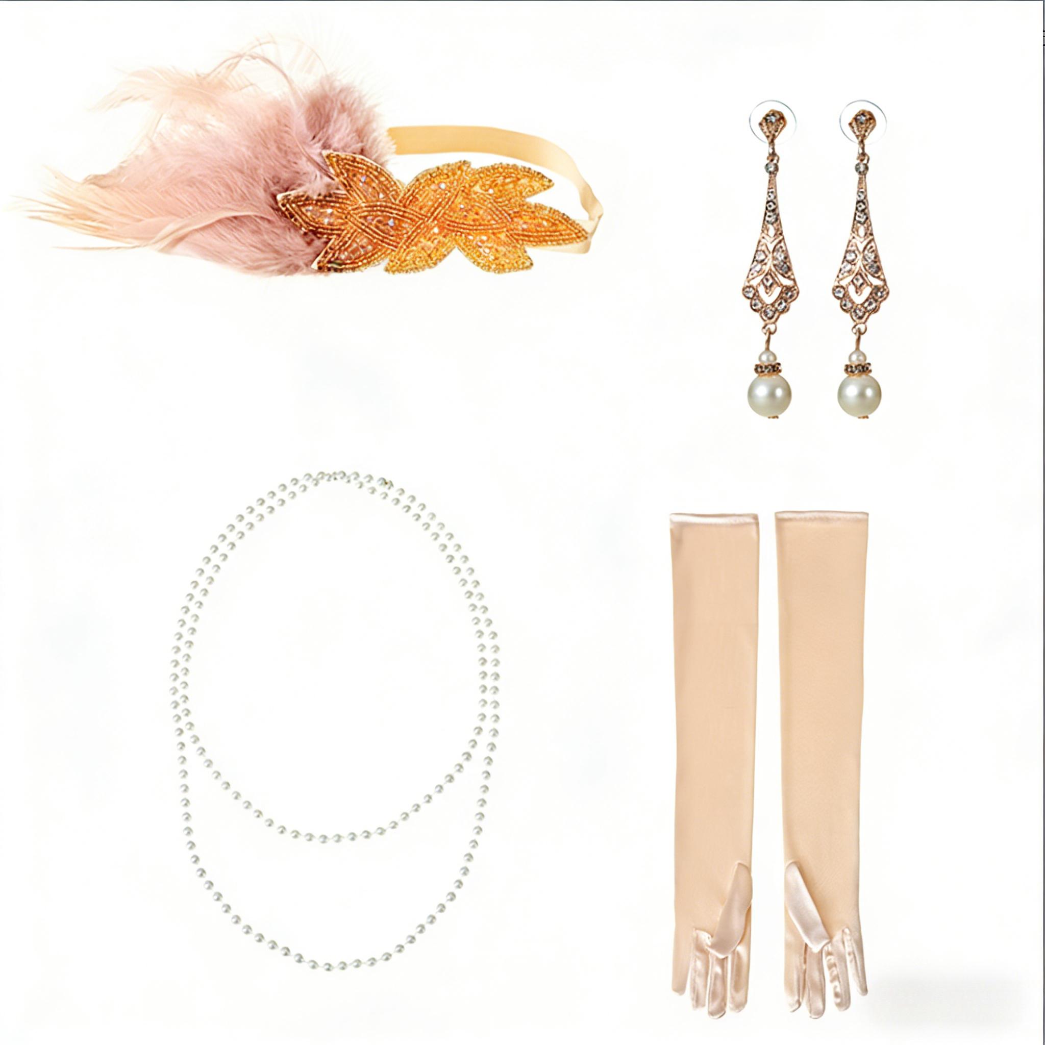 PESENAR  1920s Flapper Costume Accessory Set with Feather Headband, Pearl Jewelry and White Long Gloves оранжевый