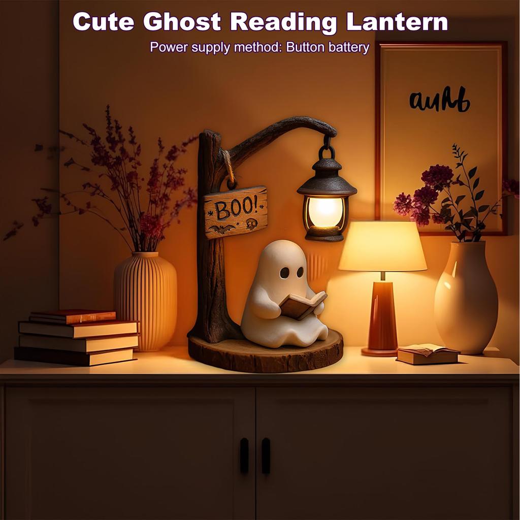 Cute Ghost Reading Lantern Resin Ghost Reading Book Lamp Halloween Ghost Night Light Ghost Halloween Decor