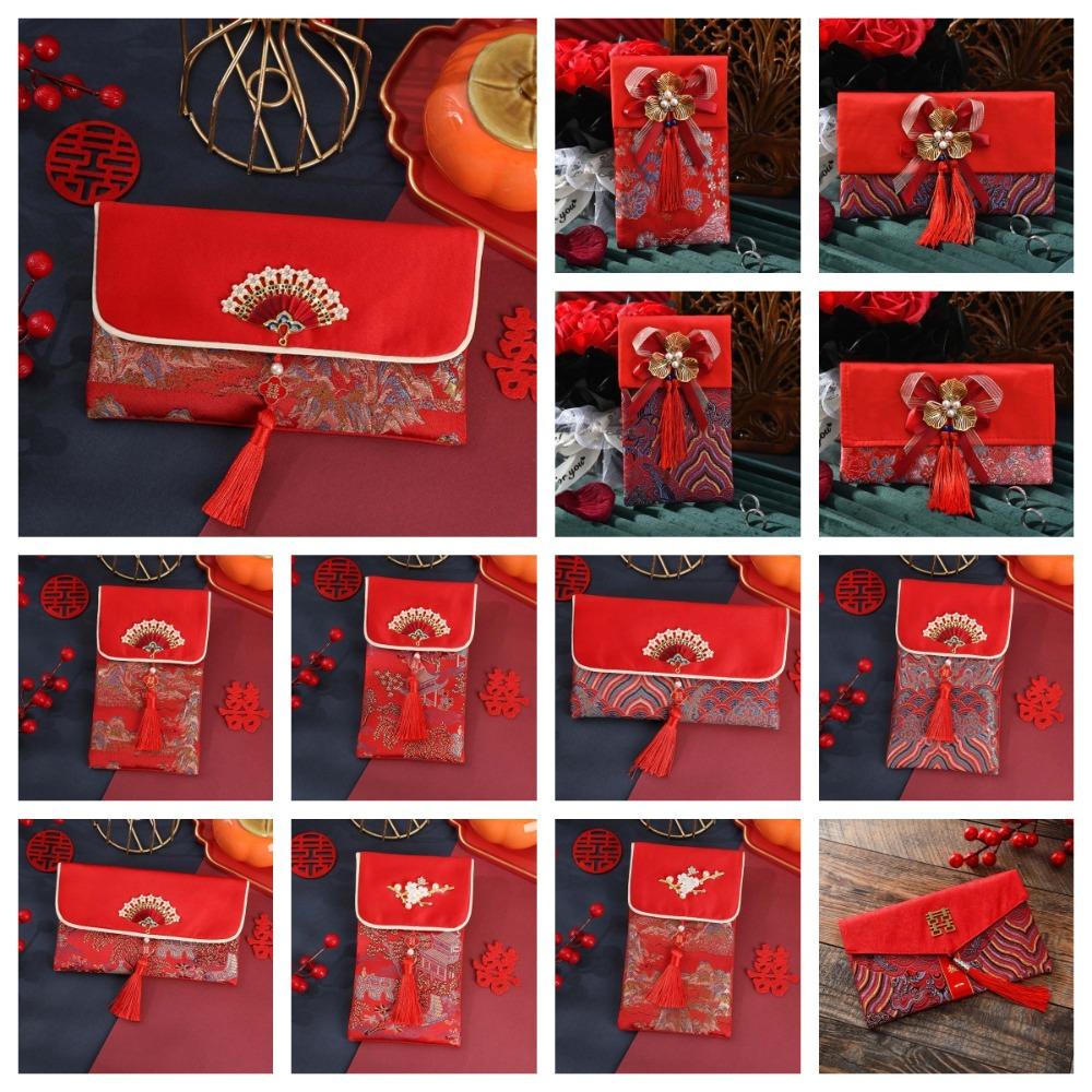 New Year Blessing Words 2025 Money Pocket Brocade Cloth Tassel New Year Money Bag Chinese Wedding