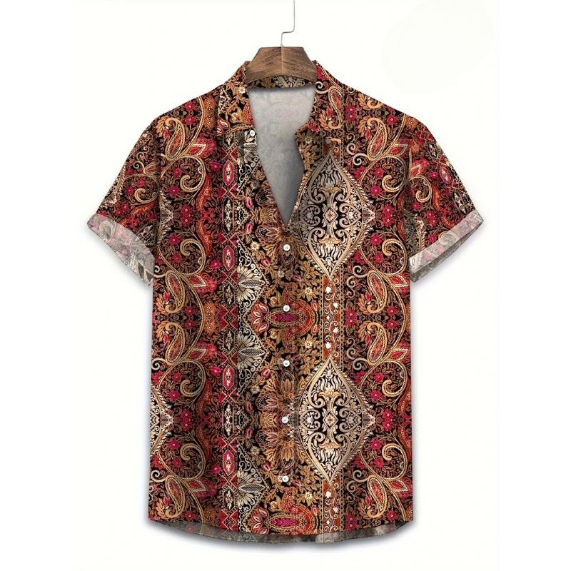 Camisas Havaianas para Homens T-shirt Casual de Manga Curta com Estampa Paisley 3D Gola Lapela Botões Tops Masculinos Verão Oversized Boêmio Camisetas Masculinas