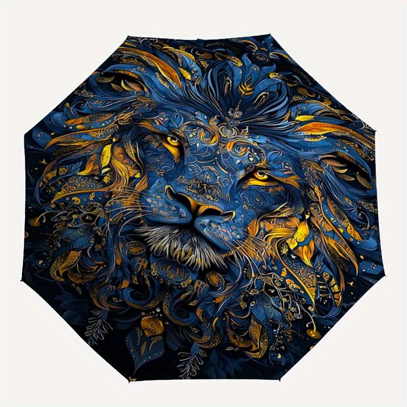 1pc Blue and Gold Ornate Lion Portrait Automatic Opening and Closing Umbrella - Suitable for Various Occasions, Outdoor Activities, Lightweight and Du