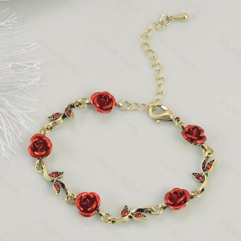 Fashion New Vintage French Zirconia Elegant Rose Bracelet for Women Personality Temperament Alloy Material Red Rose Bracelets
