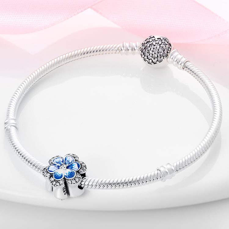 Charms Original Copper Plated Blue Flower Beads Fit Bracelet Diy Fine Gift Women Delicate Jewelry Accessory