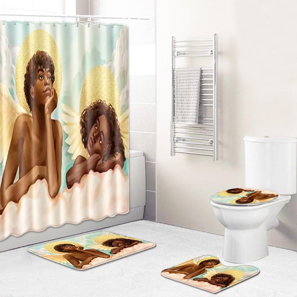 African American Women'S Bathroom Four-Piece Combination Set Household Door Mat Absorbent Non-Slip Floor Mat Carpet