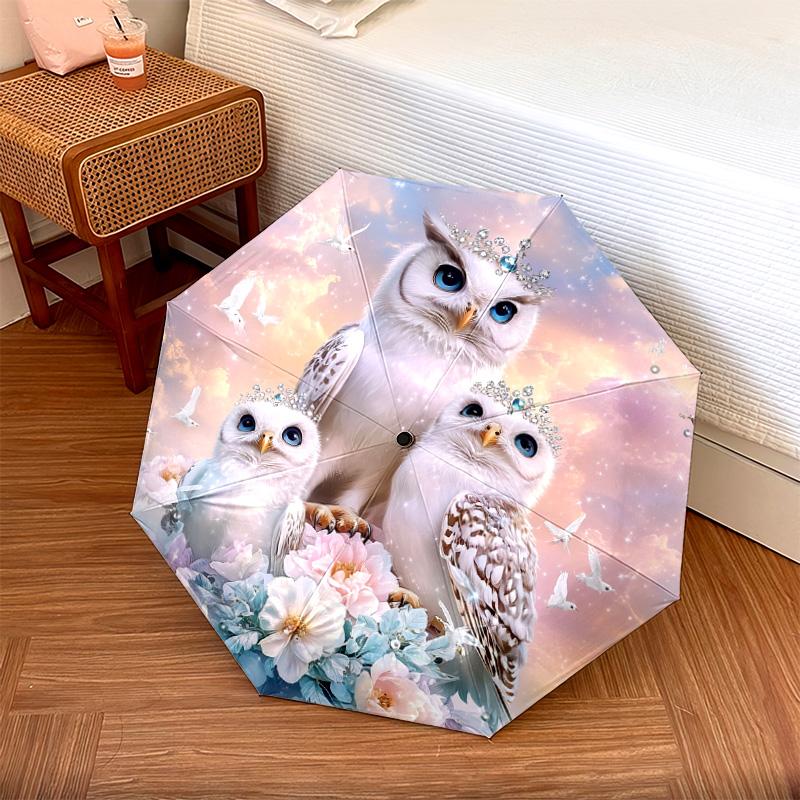 1 PC Automatic Folding Umbrella - Magical Snowy Owl Pattern, Portable & Foldable Design with 8 Ribs, Christmas Birthday Gifts