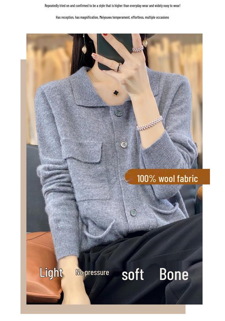 2023 Women's 100% Wool Lapel Cardigan: Year-Round Solid Color Cashmere Knit Sweater