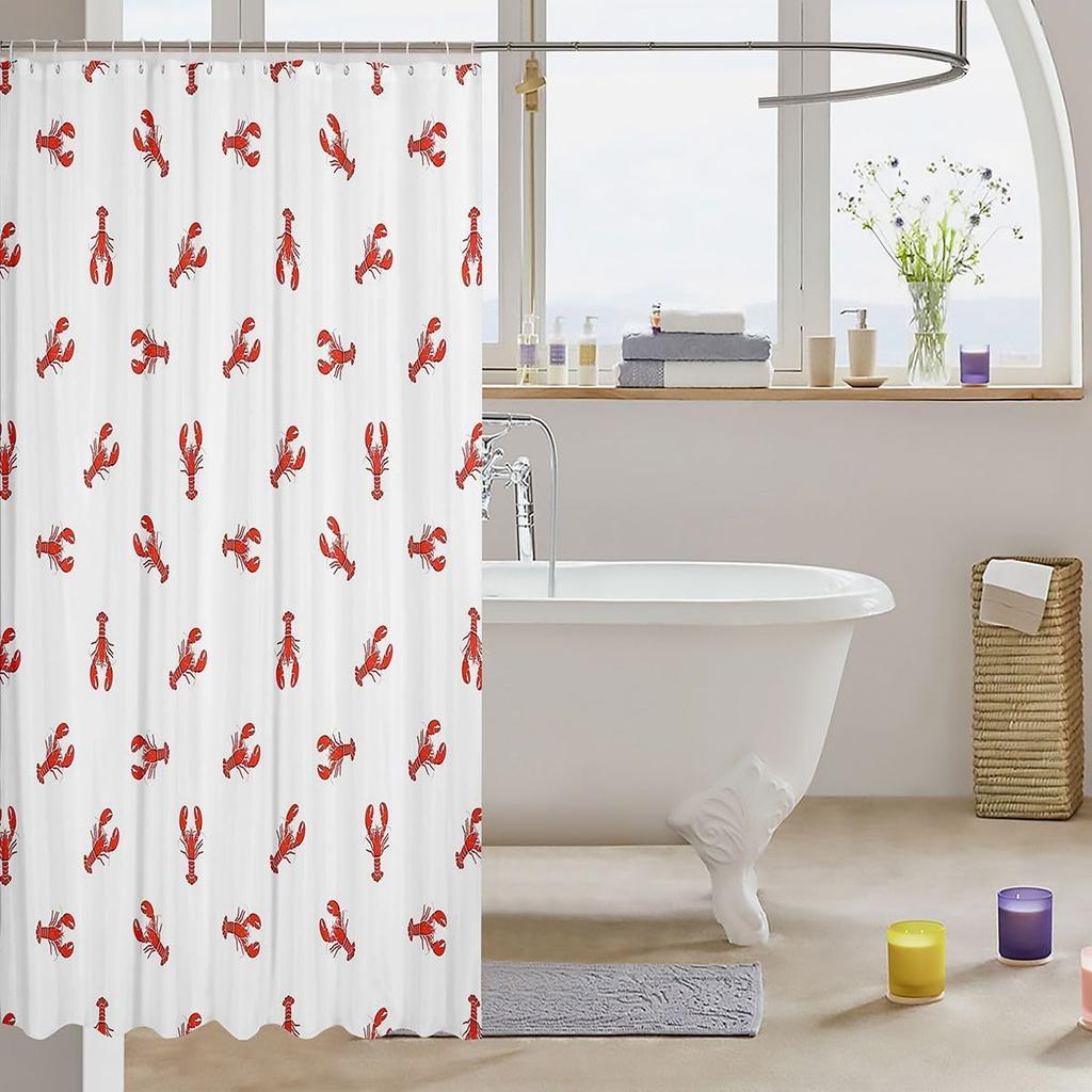 Red Lobster Print Waterproof Shower Curtain 180X180Cm - Nautical Seafood Theme Bath Curtain For Kids & Coastal Decor