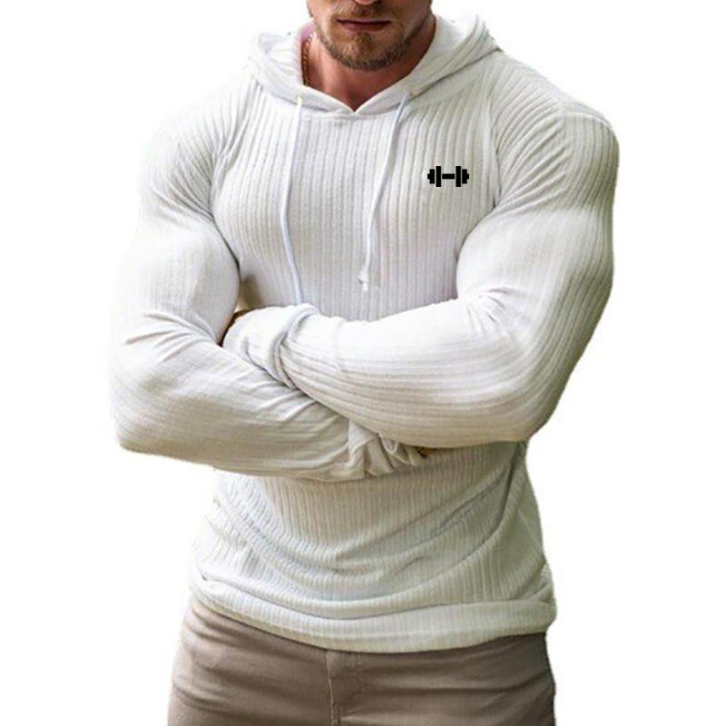 Muscleguys Spring Autumn Mens Running Hooded T-shirts Thin Ribbed Knitted Sports Sweaters Classic Strip Slim Gym Fitness Pullover T Shirts
