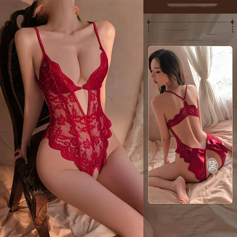 Sexy Black Crotchless Lingerie Lace Hollow Bodysuit Erotic Pajamas Babydoll Dress Deep V Open Bra Set