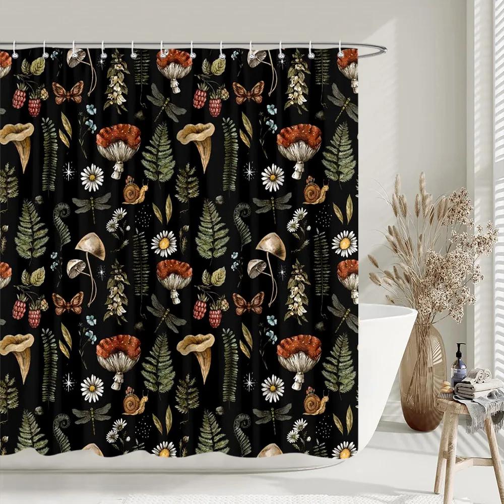 Black Gold Boho Botanical Floral Shower Curtain Vintage Floral Rose Aesthetic Unique Chic Polyester Bath Curtains Bathroom Decor