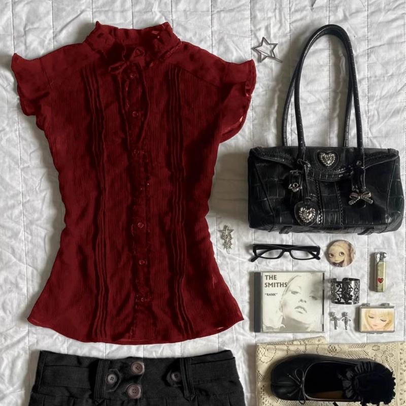 2025 Spring Summer New Wine Red Ruffle Collar Shirt Women Vintage Design Slim Fit Casual Tops Elegant Style Korea Fashion Tops