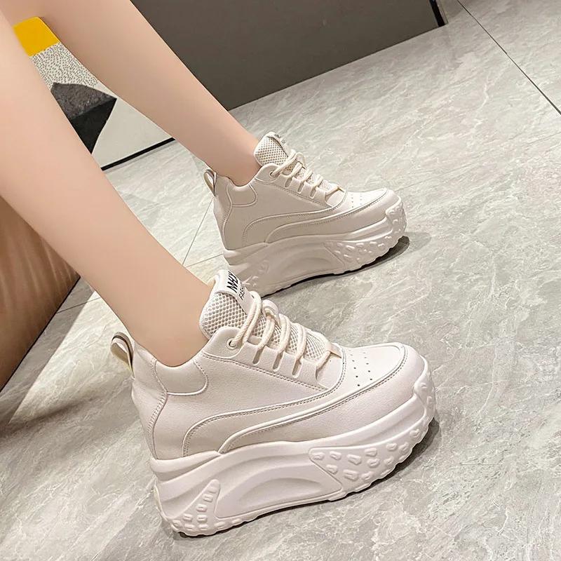 10CM High Heels Autumn Chunky Sneakers for Women 2025 New Platform Sports Mesh Shoes Woman Lace-up Thick Bottom Dad Shoes Ladies