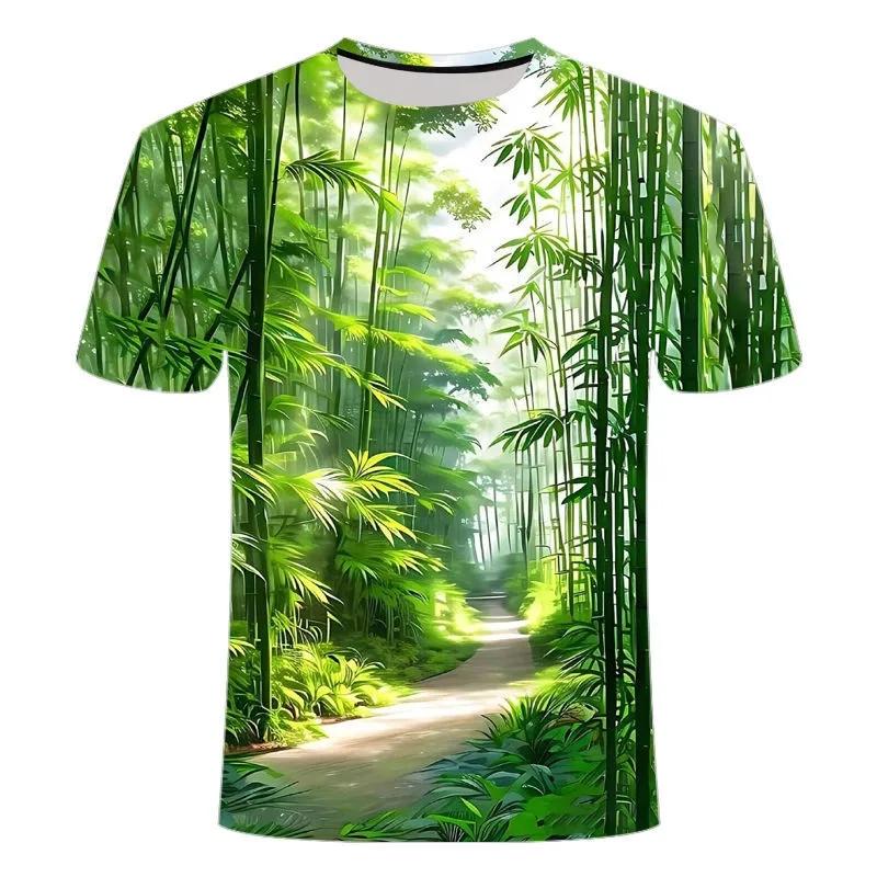 Summer Fashion New Men's Bamboo Forest Printed T-shirt Leisure and Comfortable Short Sleeved Round Neck Plus Size Popular Top