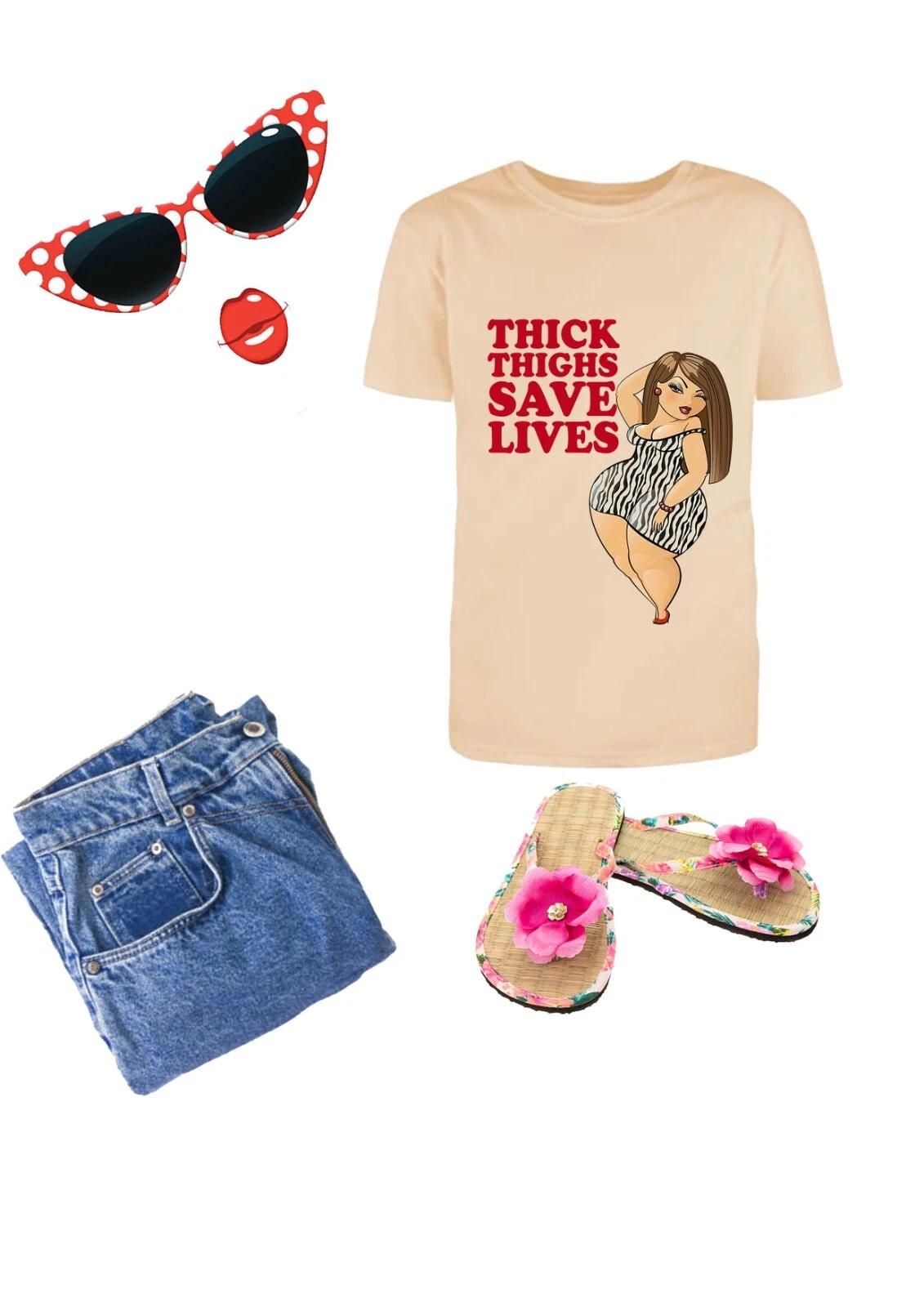Thick Thighs Save Lives Fun Adult Statement Crew Neck T-Shirt, 2XL