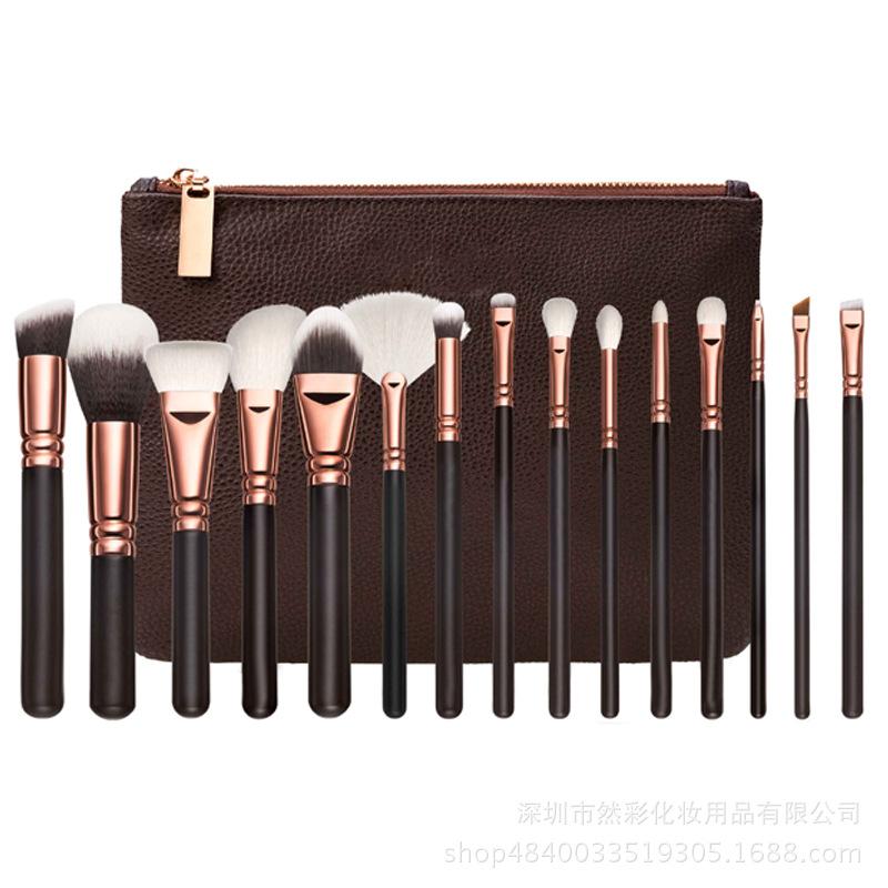 New 15 rose gold makeup brush set, wooden handle fiber hair pink beauty tool set, a lot of brushes
