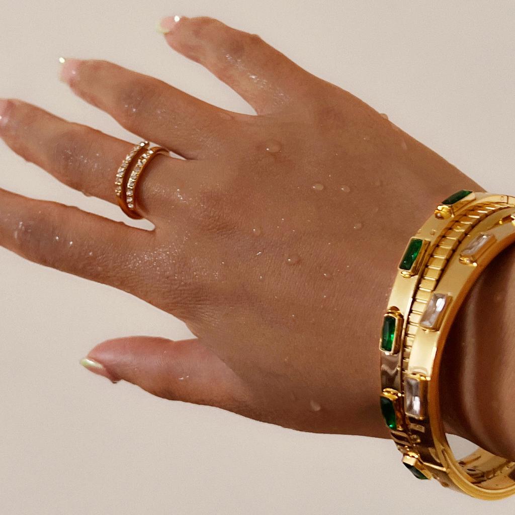 Htpwe Edelstahl Eingelegter Grüner Zirkonia Stapelarmband Set Damen 18k Vergoldet Paar Feiertagsgeschenk Armband Täglicher Zirkon