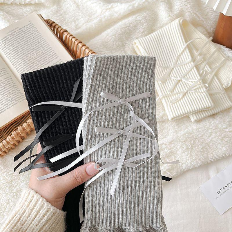 Winter Sweet Bow Lace Leg Warmers Lolita Y2K Bow Design Thermal Ruffle Stacking Ankle Socks For Women Girls Layered Warm Socks