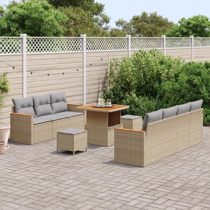 Ensemble de canapé de jardin 10 pièces avec coussins Beige Poly Rattan Acacia, Ensemble de salle à manger jardin 3 pièces 3364957