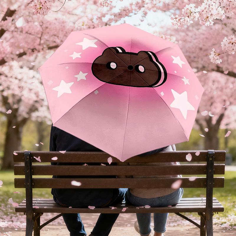 1pc Cookie Cat Automatic Folding Umbrella 8 Rib Iron Frame, Compact Portable Umbrella Suitable for Travel, Daily Use, Birthday, Women & Men Gift 035