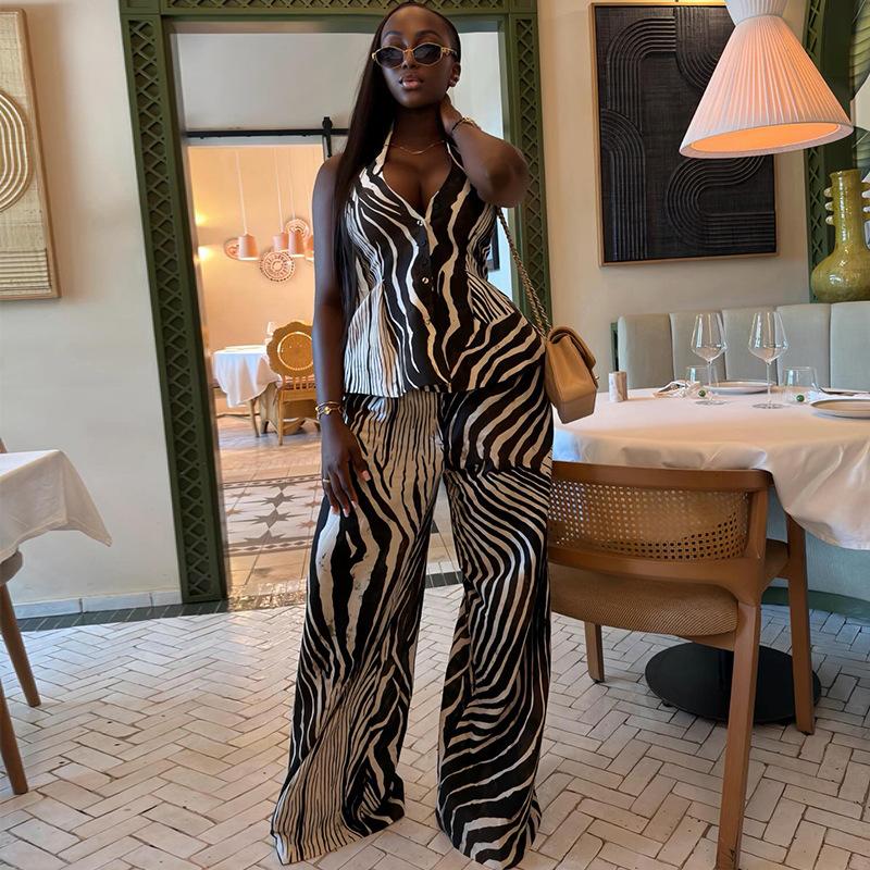 Women s Clothing 2026 Summer New Fashion V-Neck Tie Ruffle Tank Top Printed Wide-Leg Pants Set S