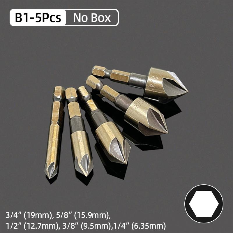 HSS 82 Stupňová 5břitá Záhlubníková Sada Vrtáků Kuželový Vystružník Odjehlovací Zkosení Ořezávací Nástroj 1/4" 3/8" 1/2" 5/8" 3/4"