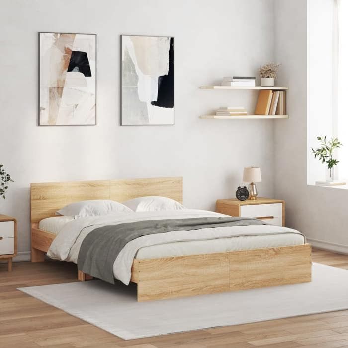 VidaXL Bed Frames with Headboard and LED, Double Bed with Slatted Base, Adult Bed, Bedroom Furniture, Modern, Oak 3207597